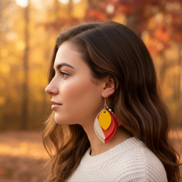 ARTISAN & HANDCRAFTED 2.5" Wood Leaf Tiered Dangle Pierced Earrings W/ Tassles - Picture 1 of 14